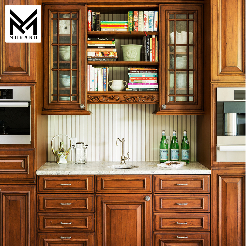 Guangzhou Modular Solid Wood Kitchen Cabinets Wooden Furniture Double Color Lacquer Classic Solid Wood Kitchen Cabinet Design