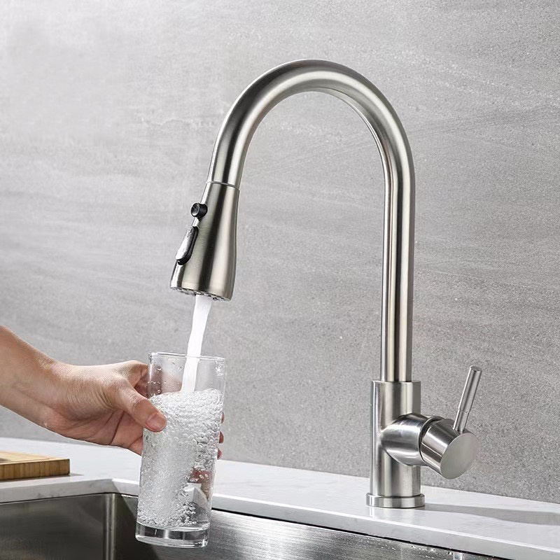 Sink Sprayer Brushed Nickel Stainless Steel Pull-Out l kitchen faucet 2 button sprayer Long Neck Sink Mixer Tap