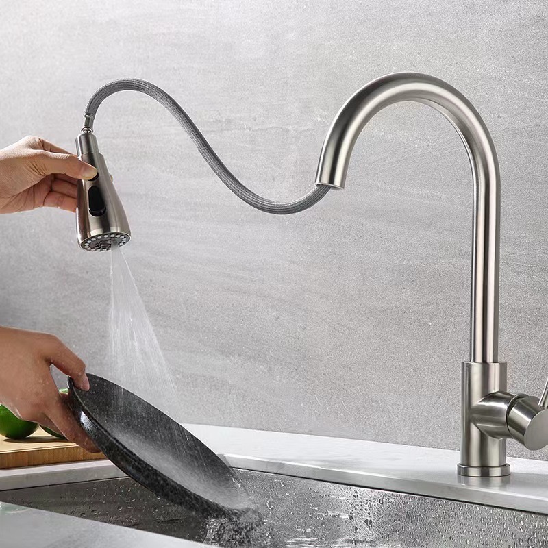 Sink Sprayer Brushed Nickel Stainless Steel Pull-Out l kitchen faucet 2 button sprayer Long Neck Sink Mixer Tap