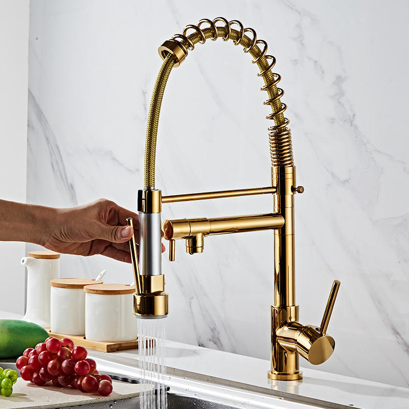 Spring Faucet Gold Kitchen Faucet with Pull Down Sprayer Kitchen Sink Faucets Full Copper Brass Modern Contemporary