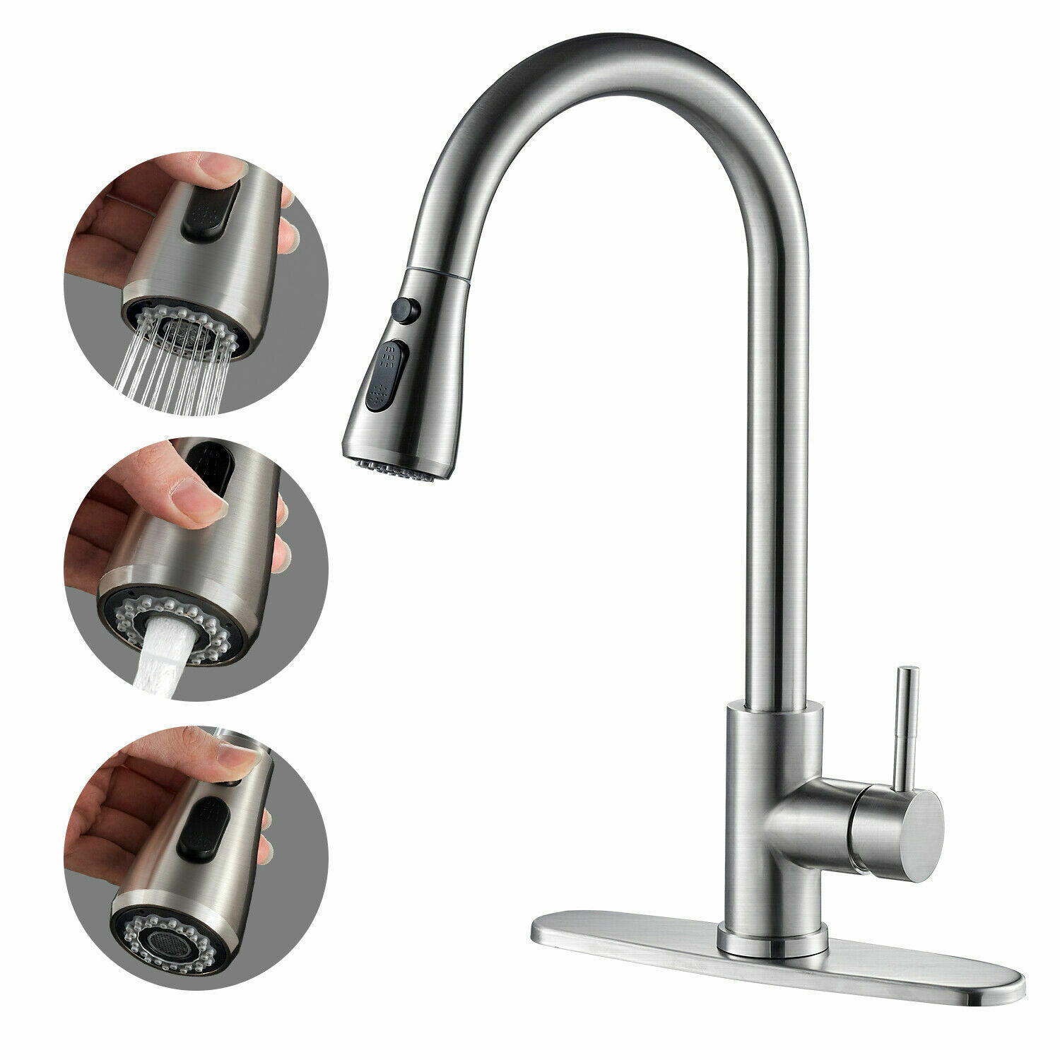 Hot sale Sink Sprayer Brushed Nickel Stainless Steel Pull-Out Long Neck faucets tap single hole pull out kitchen faucet