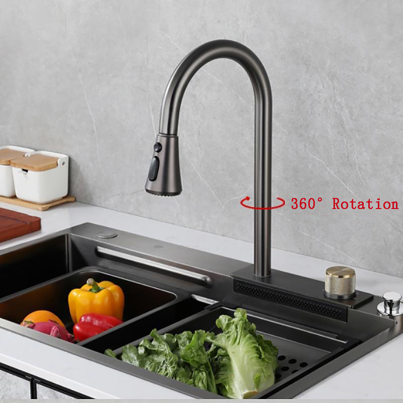 2023 New Feiyu 304 Stainless steel Gun Grey kitchen sink mixer Pull out Waterfall kitchen faucet with 3 function sprayer