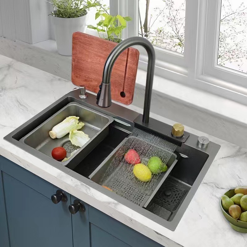 2023 New Feiyu 304 Stainless steel Gun Grey kitchen sink mixer Pull out Waterfall kitchen faucet with 3 function sprayer