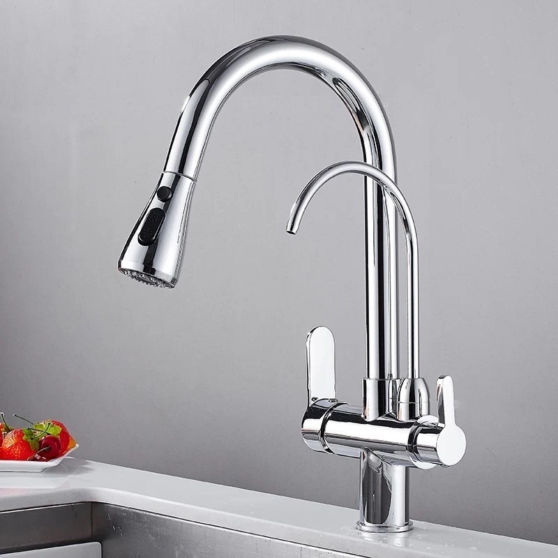 Luxury Household Drinking Water Filter Faucet Pull Out Brushed Brass Kitchen Mixer Faucet Quality Hot Cold Kitchen Mixer Tap