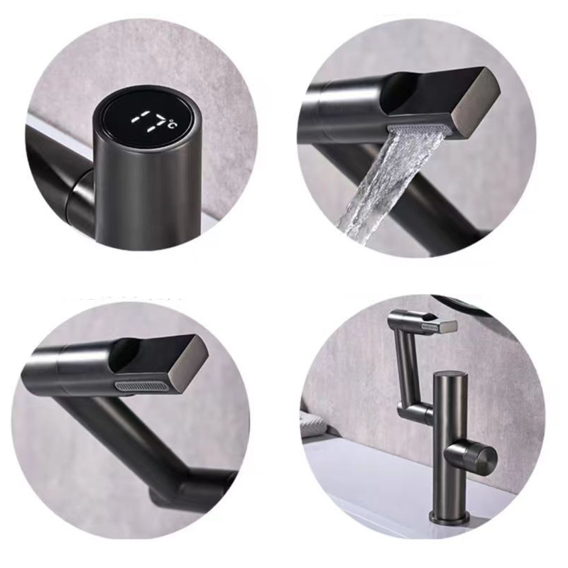 LED Digital Display Basin Faucet Gun Gray Tall Waterfall Rotatable Washbasin Faucet Deck Mounted Bathroom Cabinet Faucet Brass