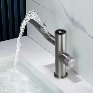 LED Digital Display Basin Faucet Gun Gray Tall Waterfall Rotatable Washbasin Faucet Deck Mounted Bathroom Cabinet Faucet Brass