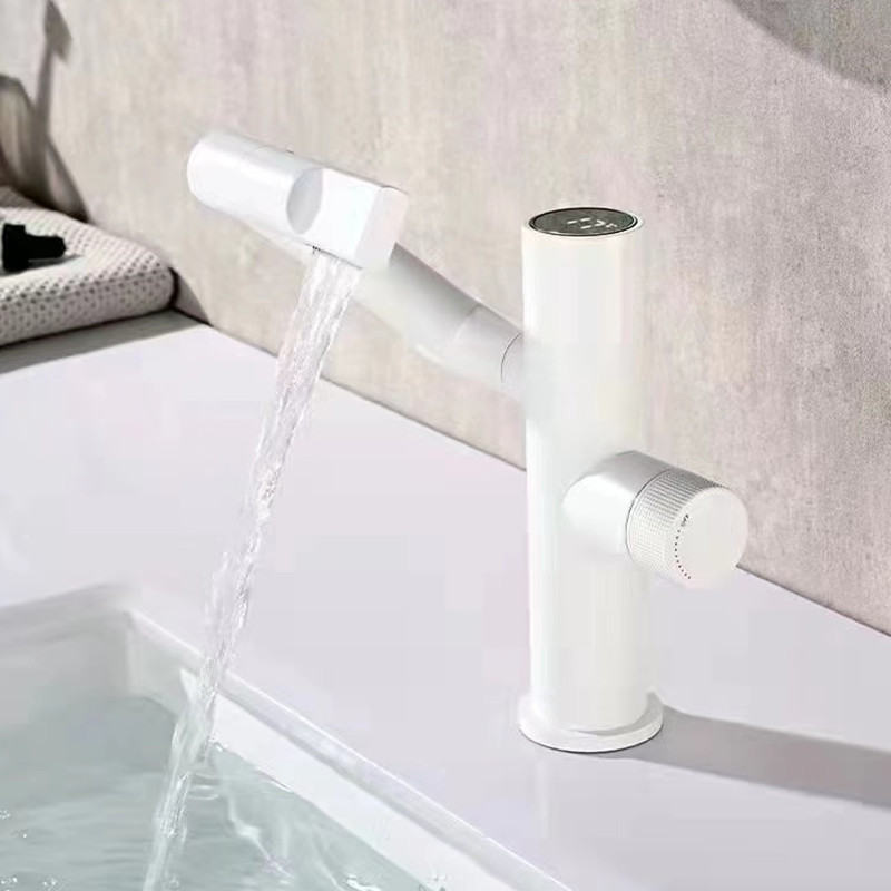 LED Digital Display Basin Faucet Gun Gray Tall Waterfall Rotatable Washbasin Faucet Deck Mounted Bathroom Cabinet Faucet Brass