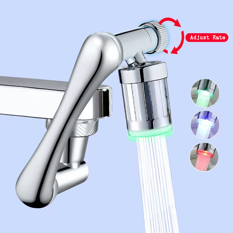 LED Color Nozzle Brass Universal 1440 Swivel Robotic Arm Adjust Rate Faucet Extension Rotatable Multi-function Extender Aerator