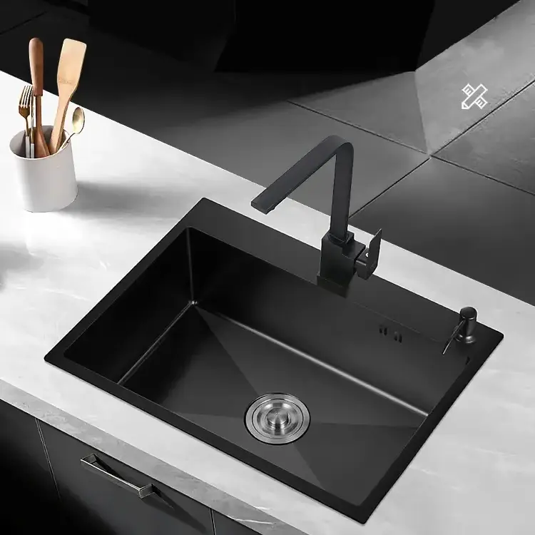 60*45cm Custom High-Quality Thickening Single Bowl Square Black Nano Manual 304 201 Stainless Steel Basin Handmade Kitchen Sink