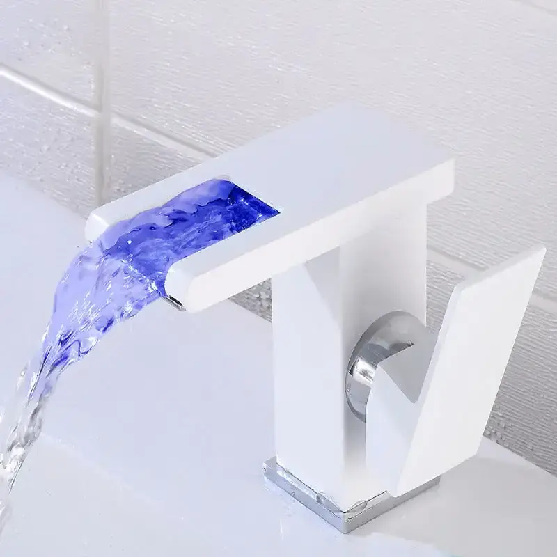 Temperature 3 Colors Change LED Basin Faucet Waterfall Bathroom Mixer Tap Deck Mounted  Cold Hot Water Mixer Taps