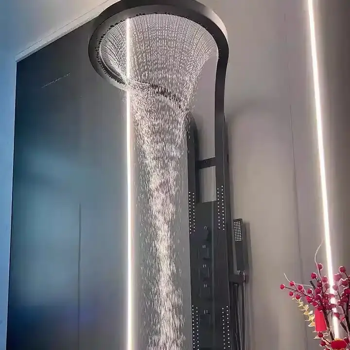 Tiktok Hot Sale Round Design Rainfall Waterfall Shower Column Black Brushed Silver Wall Mounted Sprinkler Shower System Panel