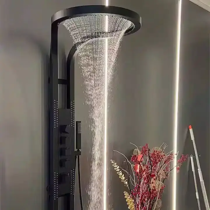 Tiktok Hot Sale Round Design Rainfall Waterfall Shower Column Black Brushed Silver Wall Mounted Sprinkler Shower System Panel