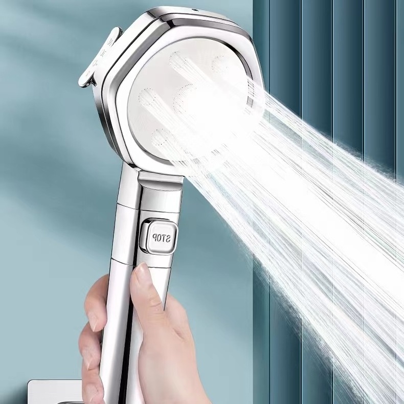 Bathroom SkinCare Shower Head 4 Modes ABS Plastic Big Panel Round Chrome Rainfall Shower Head with one button water stop