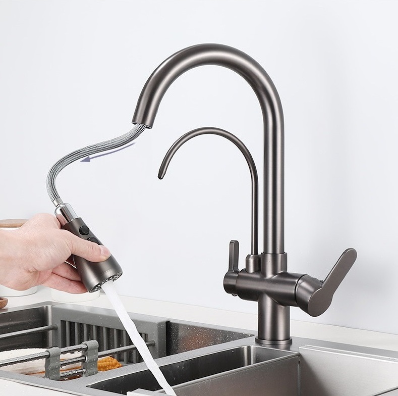 2023 Hot selling Brass Gun grey Kitchen Mixer dual handles 3 way 3 in 1 Drinking Water Filter Purifier pull out kitchen faucet