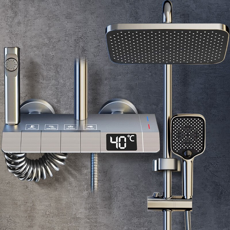 Gun Gray Bathroom Intelligent Piano Digital Display Faucet Shower Rainfall System Set Hot Cold 4 Functions Tap Shower Set