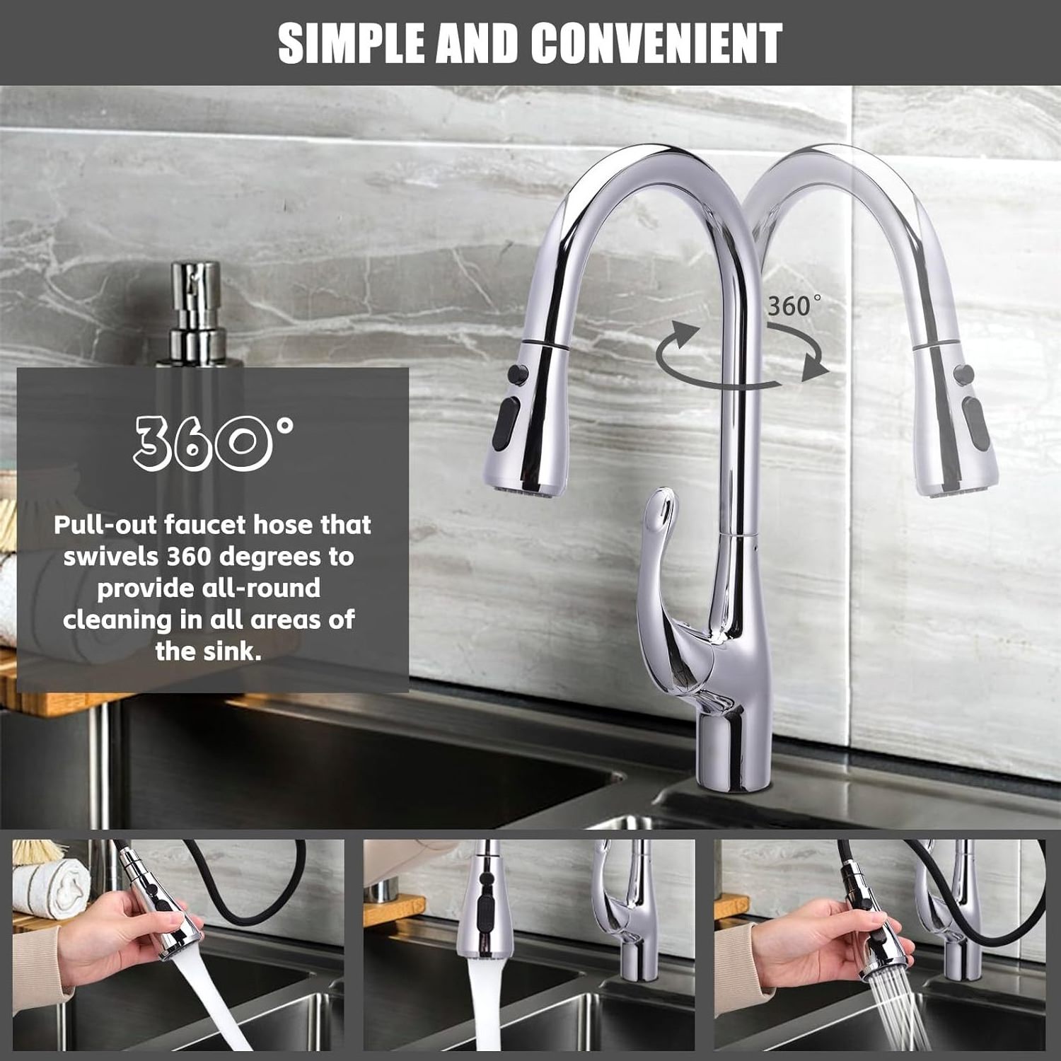 360 Swivel Modern Commercial Pull Down Sprayer Mixer Tap Multi-Function Stainless Steel High Arc Kitchen Sink Faucet