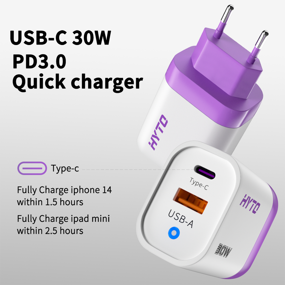 HYTO EU US Plug 30W Charger Type C Adapter QC3.0 Fast Chargers Dual USB Wall Charger For iPhone Samsung for Xiaomi Huawei