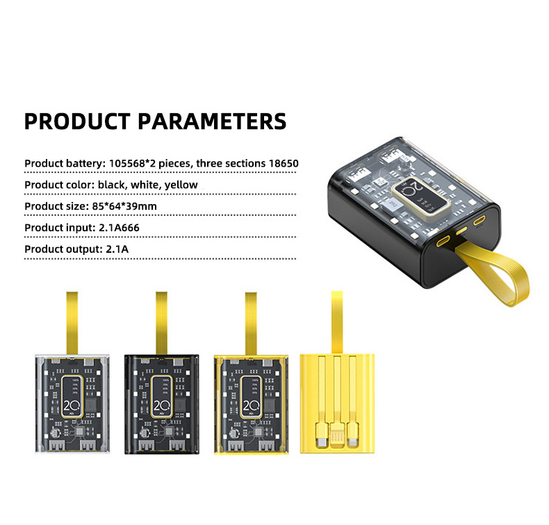 Transparent Power Bank 10000mah 20000mah Fast Charging Powerbanks With Built-In Cable Type C Output Power Banks