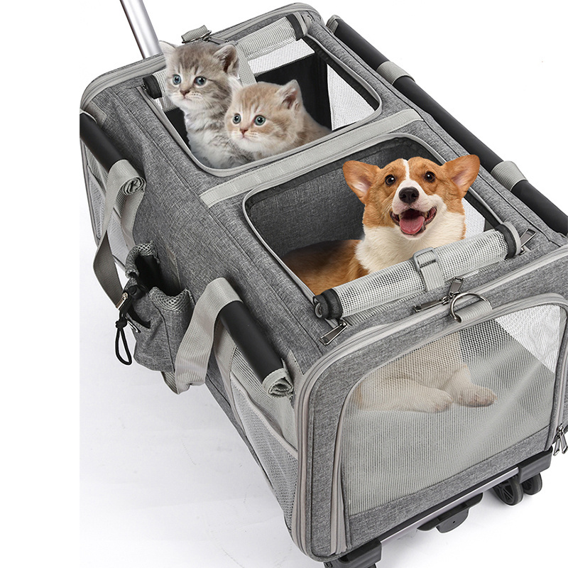 Hot Sale Double Layer Cat Dog Carrying Bag Pet Trolley Backpack Pet Rolling Carrier With Wheels Pets Travel Bags