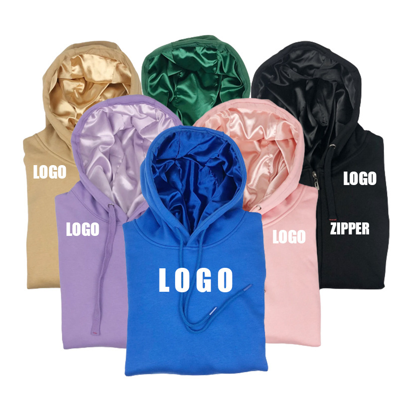 Custom Logo Plain Double Layer Women Silk Hoodies Men Pullover Fleece Unisex Satin Lined Hoodies with Satin Hood