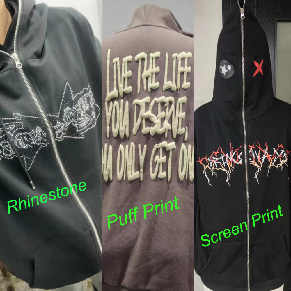 hot sale zip hoodie over face fleece 3d logo puff print bulk heavyweight rhinestone full zip up hoodie custom embroidered hoodie