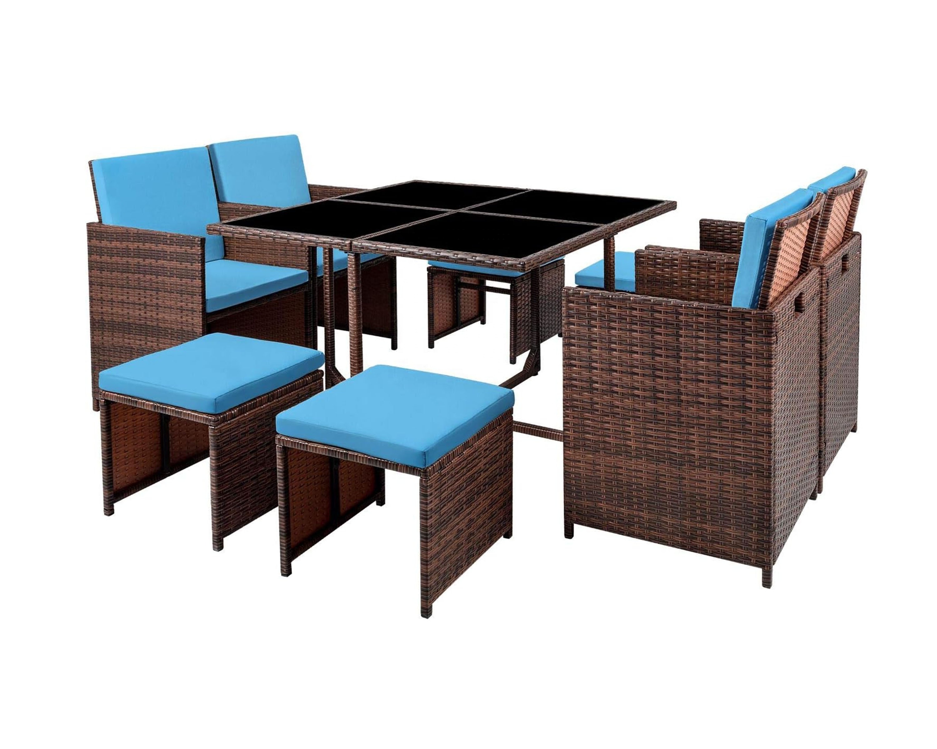 9 Piece Outdoor Furniture Patio Dining Table Set with Space Saving Rattan Chairs Cushioned Seating and Back (Blue)