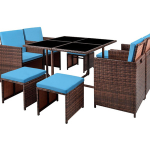 9 Piece Outdoor Furniture Patio Dining Table Set with Space Saving Rattan Chairs Cushioned Seating and Back (Blue)