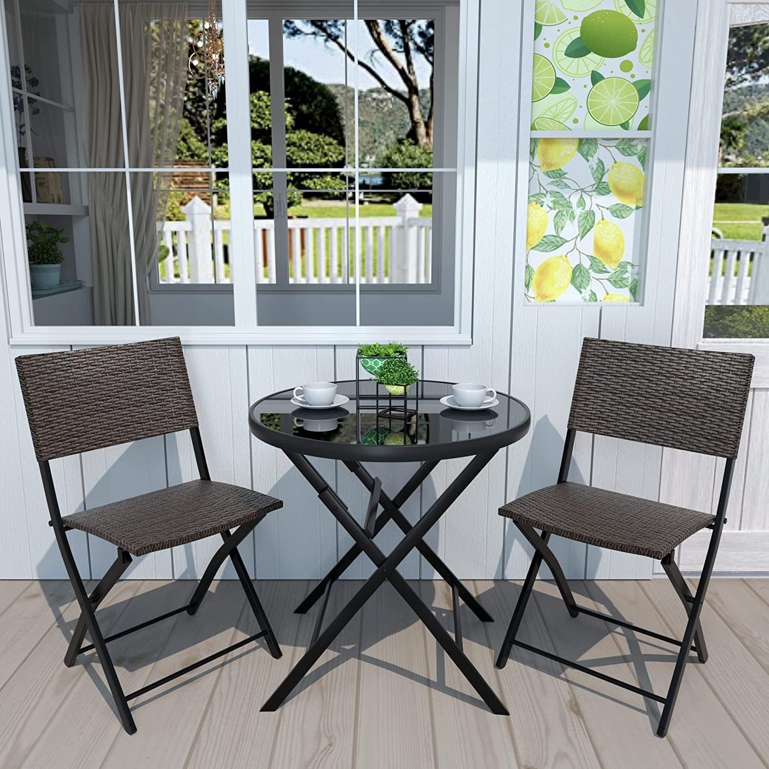 Outdoor Patio Bistro Set Wicker Patio Furniture Sets with Folding Patio Round Table and Chairs for Garden