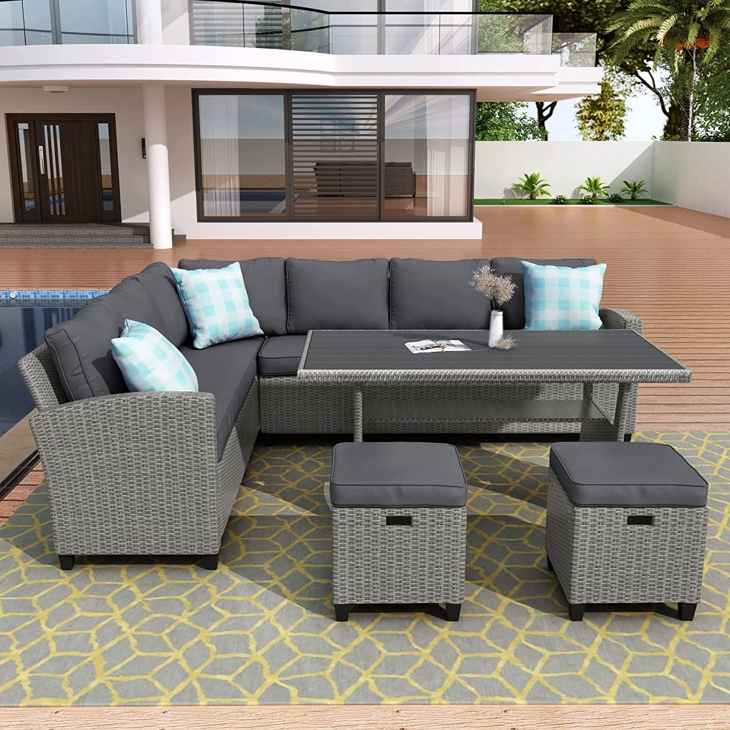 5-Piece Outdoor Patio Furniture Set Wicker Rattan Conversation Sectional Sofa with Dining Table Chair with Ottoman