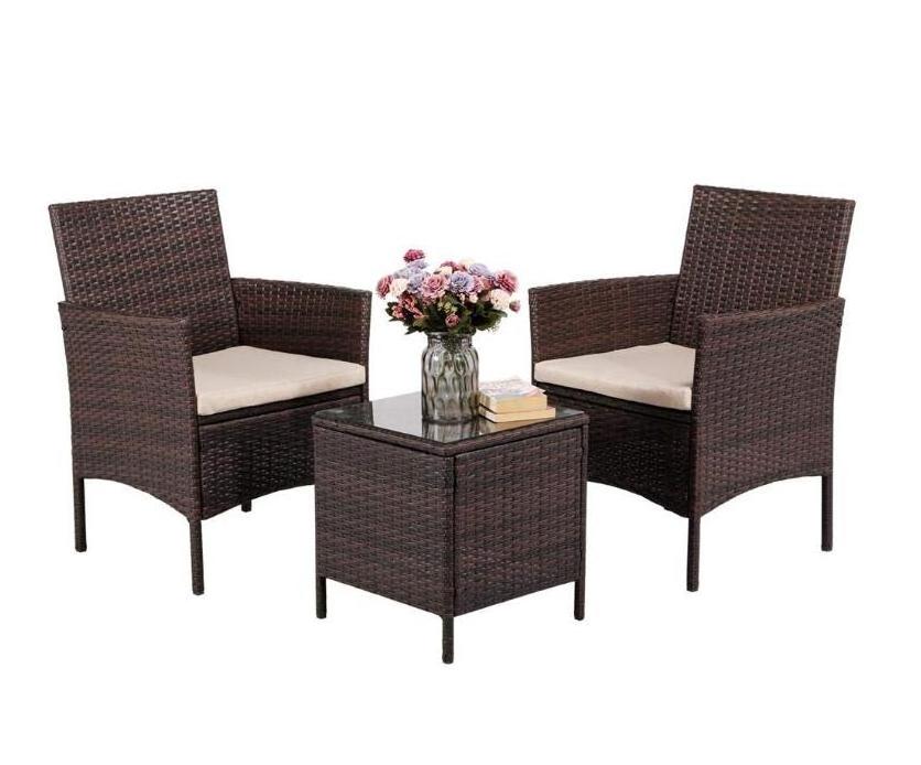 3-Piece Porch Furniture Sets Small Outdoor Black Wicker Rattan Patio Bistro Set Cushioned Patio Chairs Set And Table