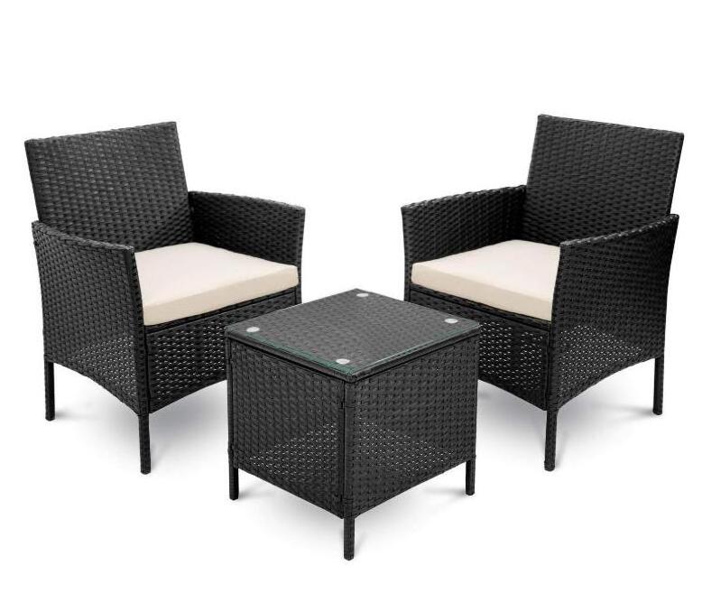 3-Piece Porch Furniture Sets Small Outdoor Black Wicker Rattan Patio Bistro Set Cushioned Patio Chairs Set And Table