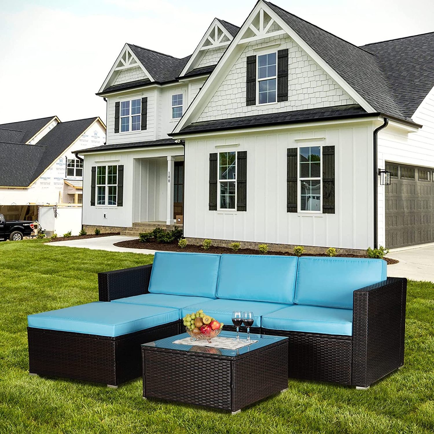 Outside Outdoor Sectional 5-Piece Wicker Patio Furniture Cushioned Sofa Sets Blue