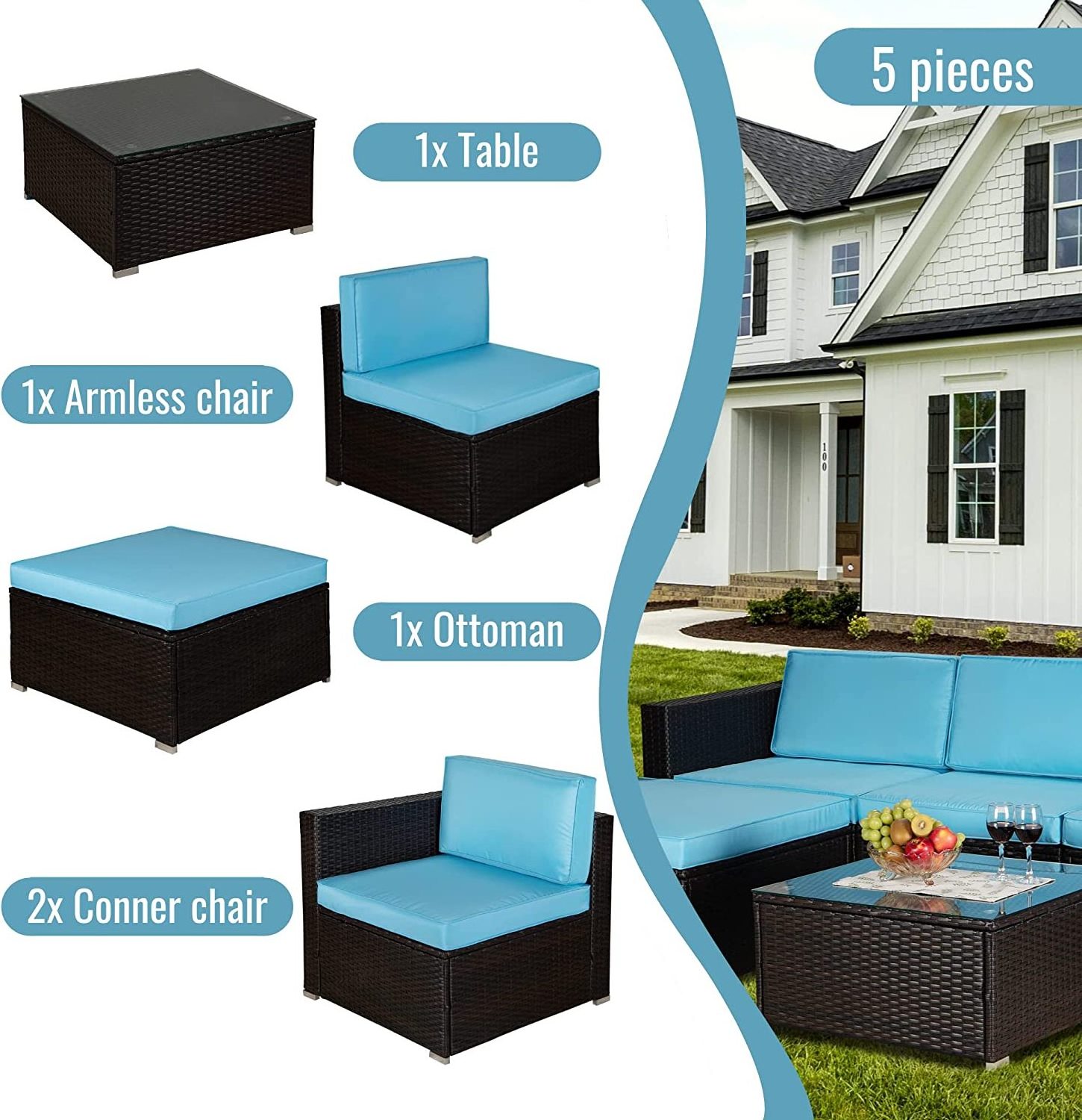 Outside Outdoor Sectional 5-Piece Wicker Patio Furniture Cushioned Sofa Sets Blue