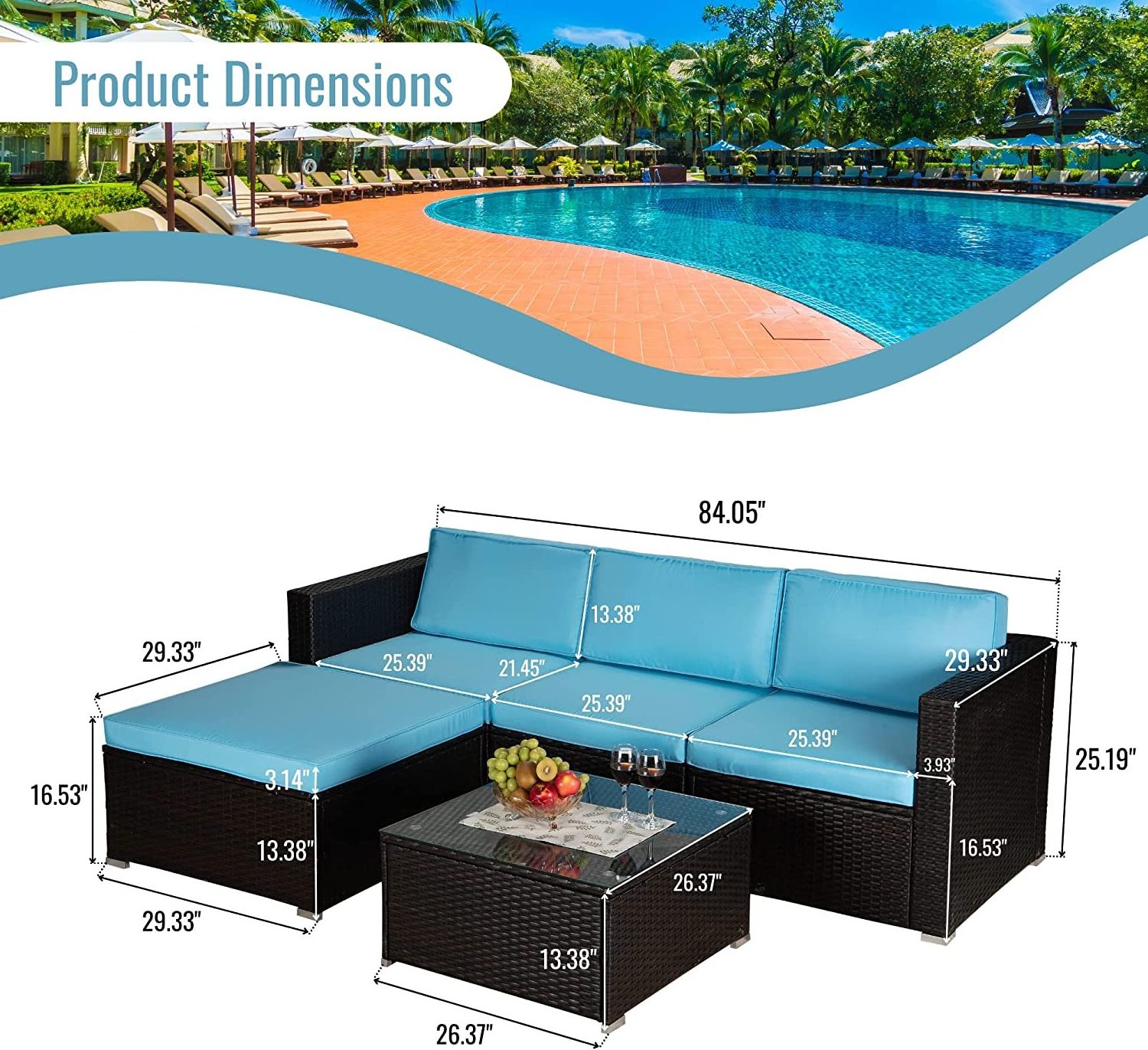 Outside Outdoor Sectional 5-Piece Wicker Patio Furniture Cushioned Sofa Sets Blue