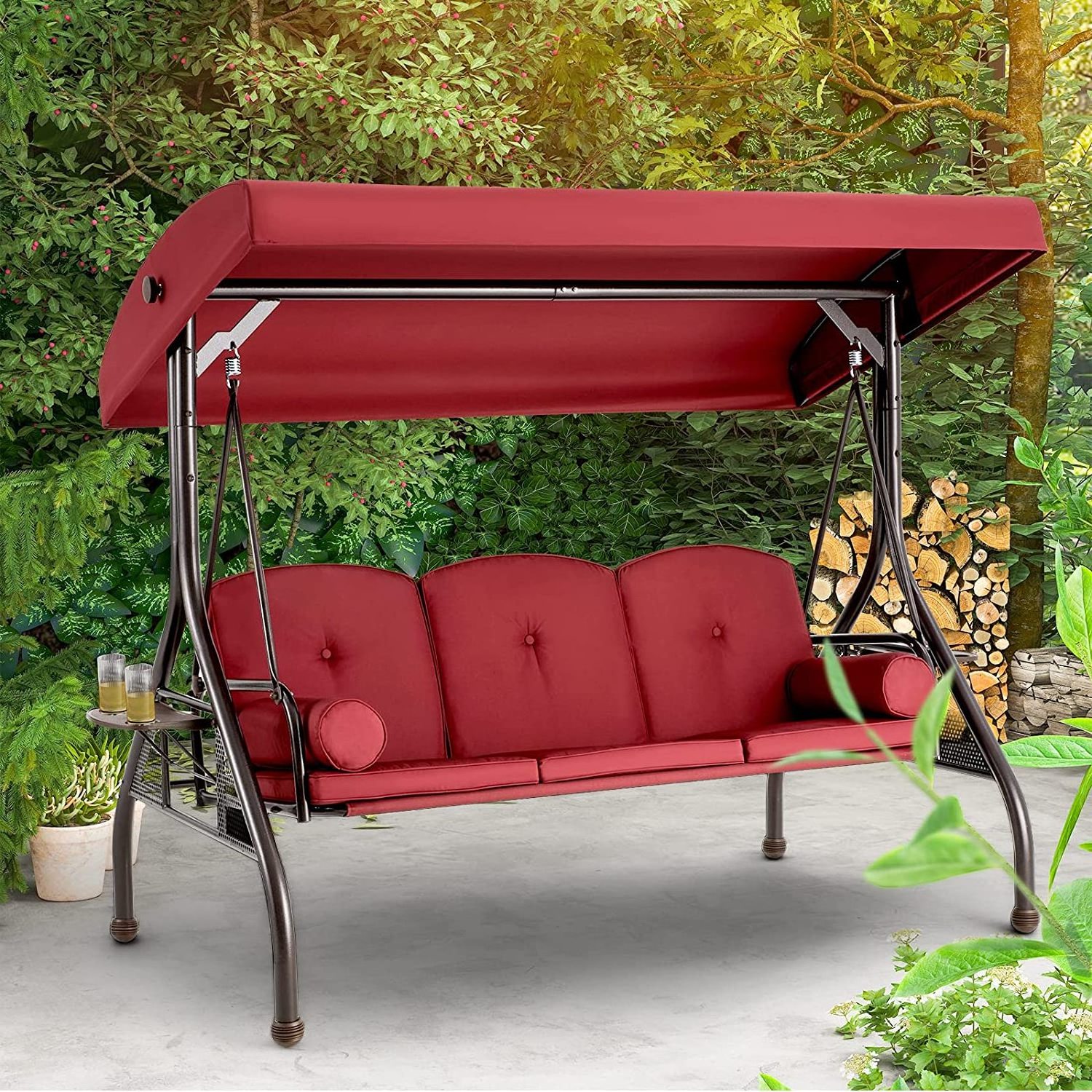 3 Seat Outdoor Porch Swing Adjustable Canopy Porch Swings Outdoor Swing with Stand,