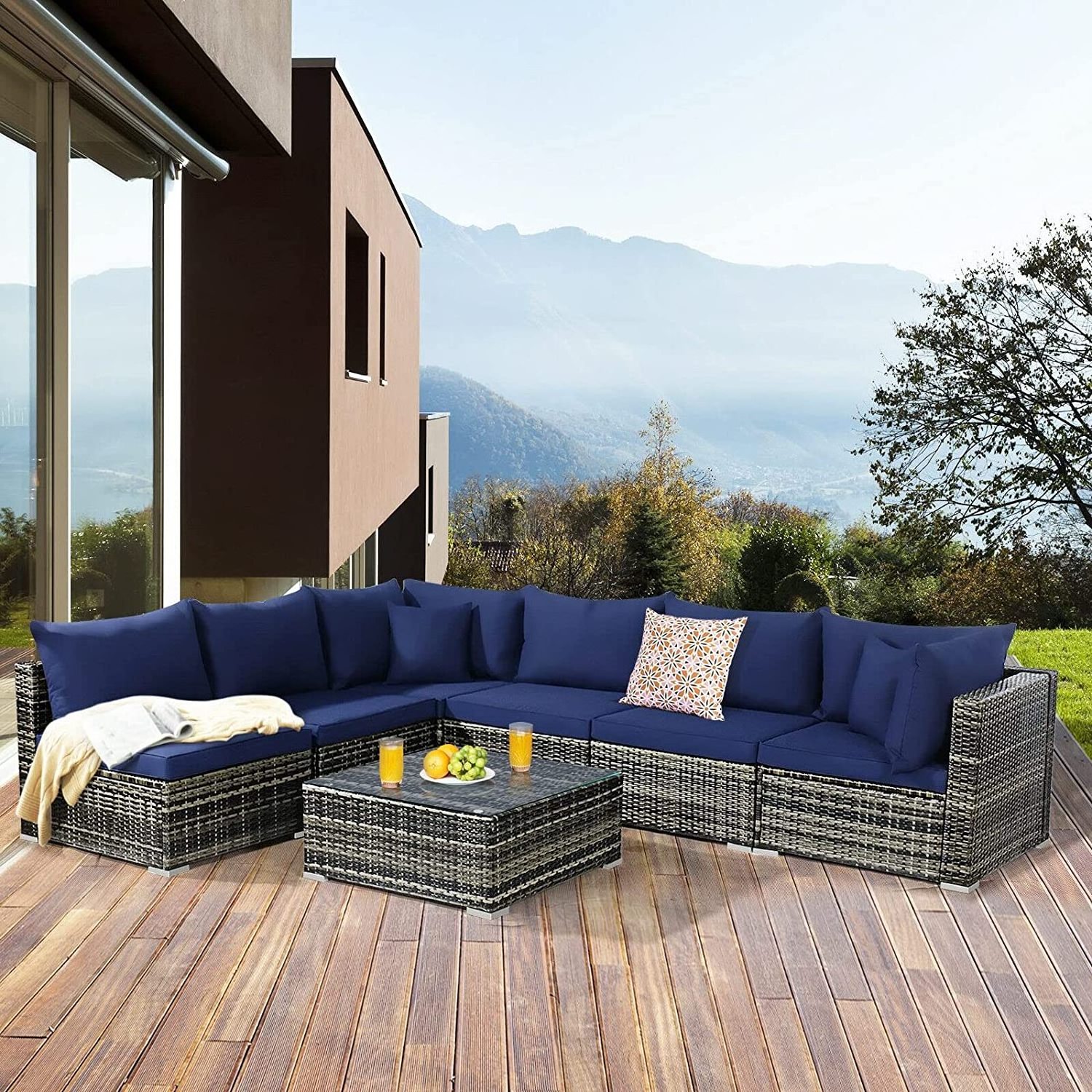 7PCS  Rattan Furniture Set Sectional Sofa Garden Gray Cushion Enjoy Outdoor Leisure Time Garden Furniture Set