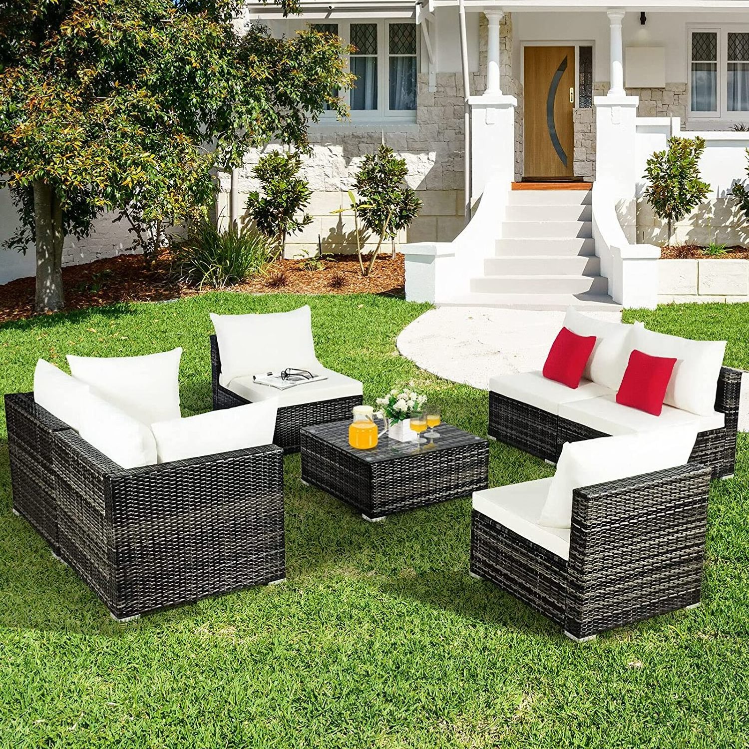 7PCS  Rattan Furniture Set Sectional Sofa Garden Gray Cushion Enjoy Outdoor Leisure Time Garden Furniture Set