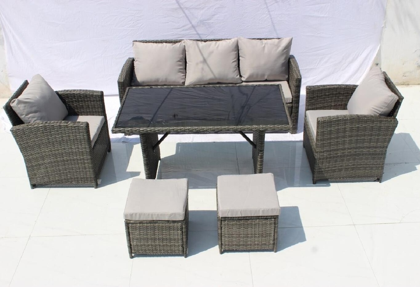 6 Piece PE Rattan Patio Sectional Furniture for Backyard Grey Wicker+Grey Cushions