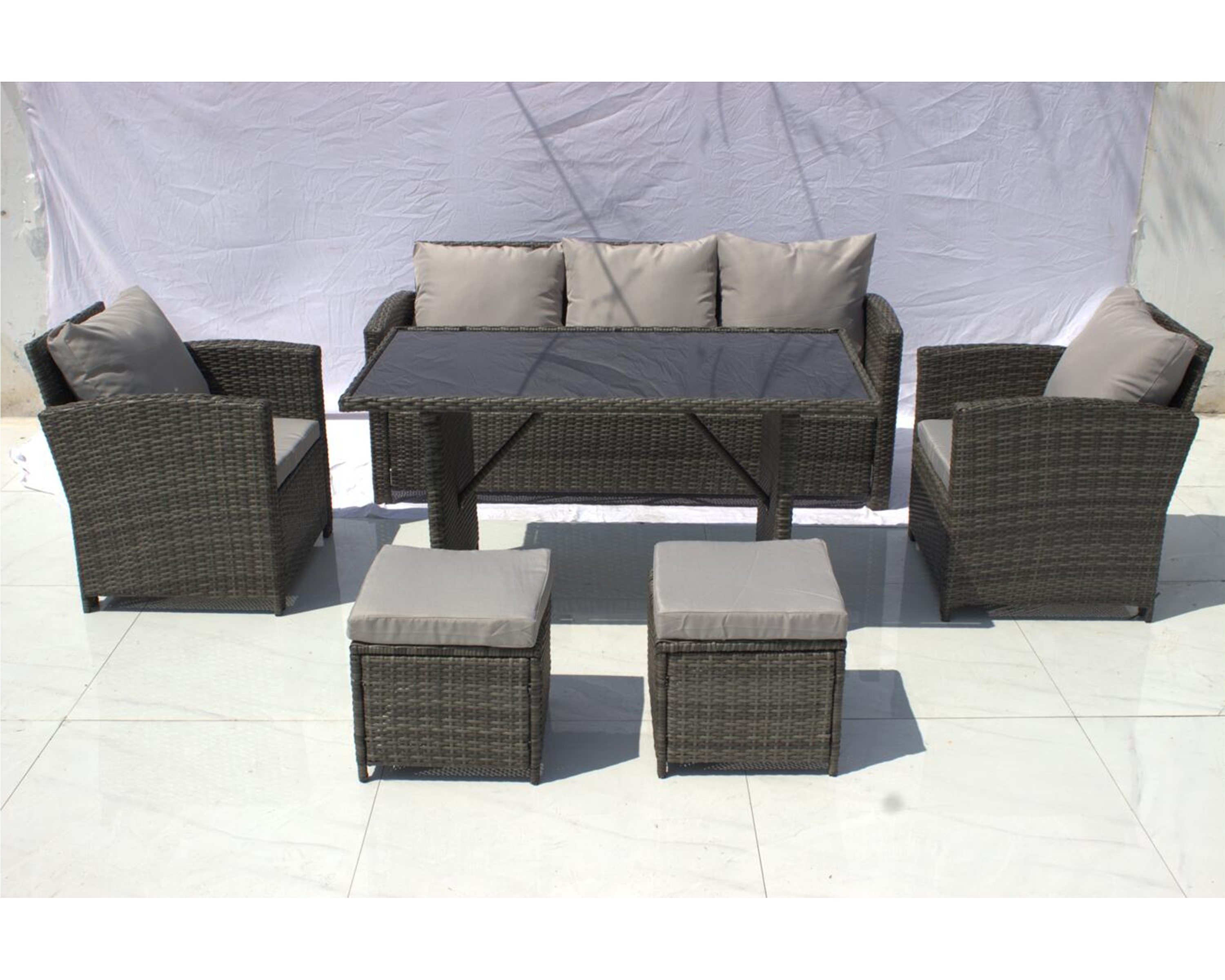 6 Piece PE Rattan Patio Sectional Furniture for Backyard Grey Wicker+Grey Cushions