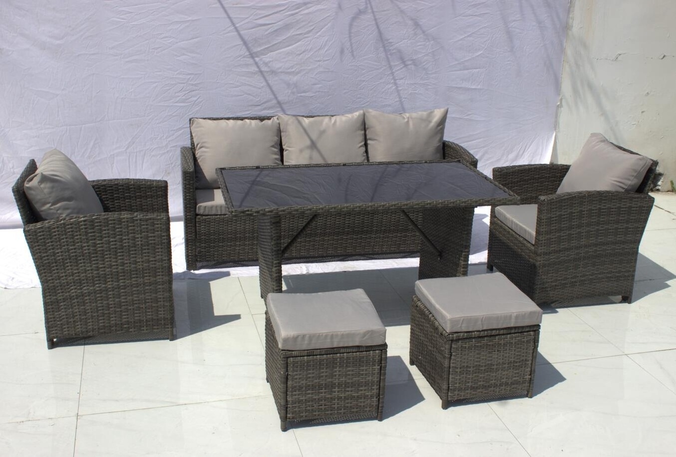 6 Piece PE Rattan Patio Sectional Furniture for Backyard Grey Wicker+Grey Cushions