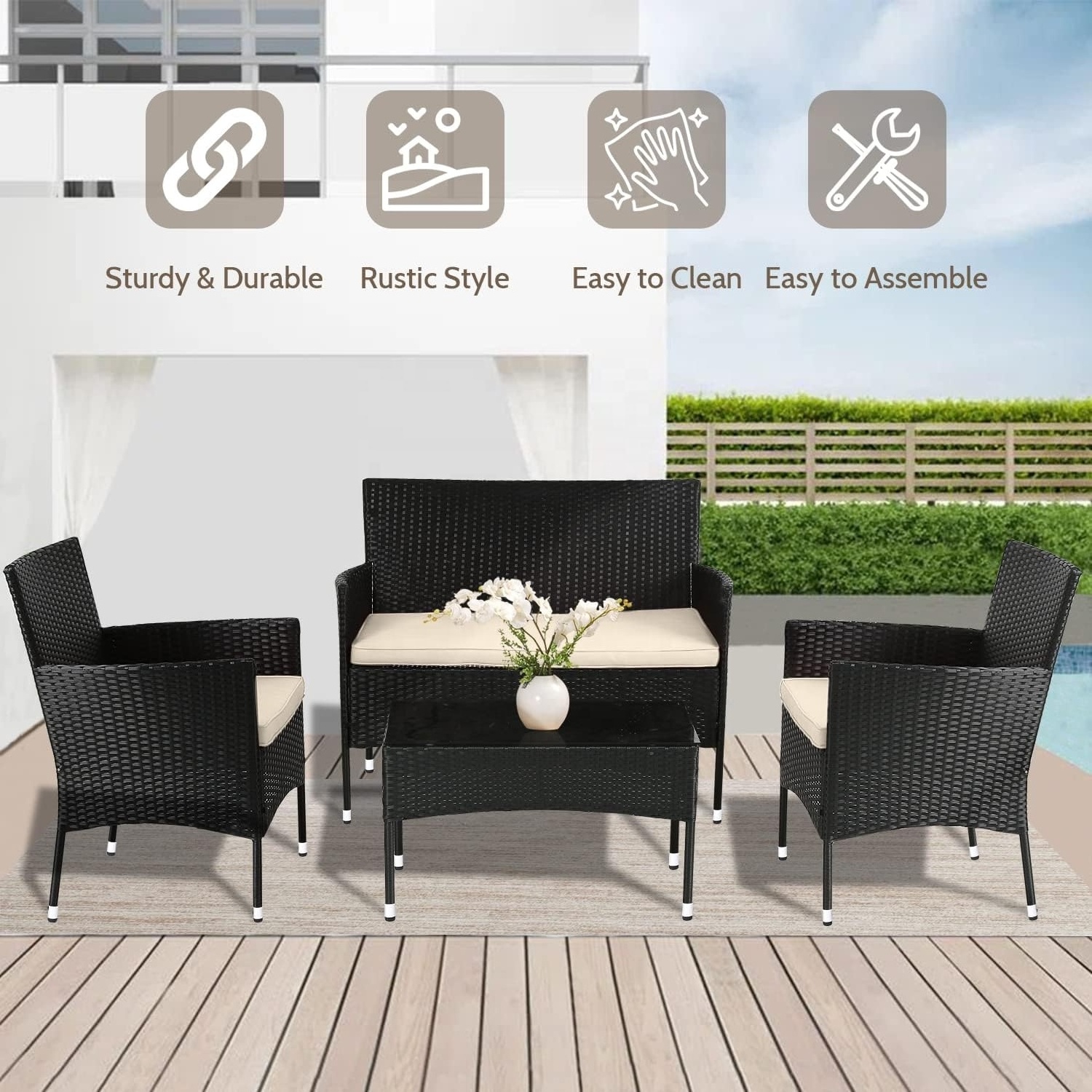 Patio Furniture Set 4 Pieces Outdoor Rattan Chair Wicker Sofa Garden Conversation Bistro Sets