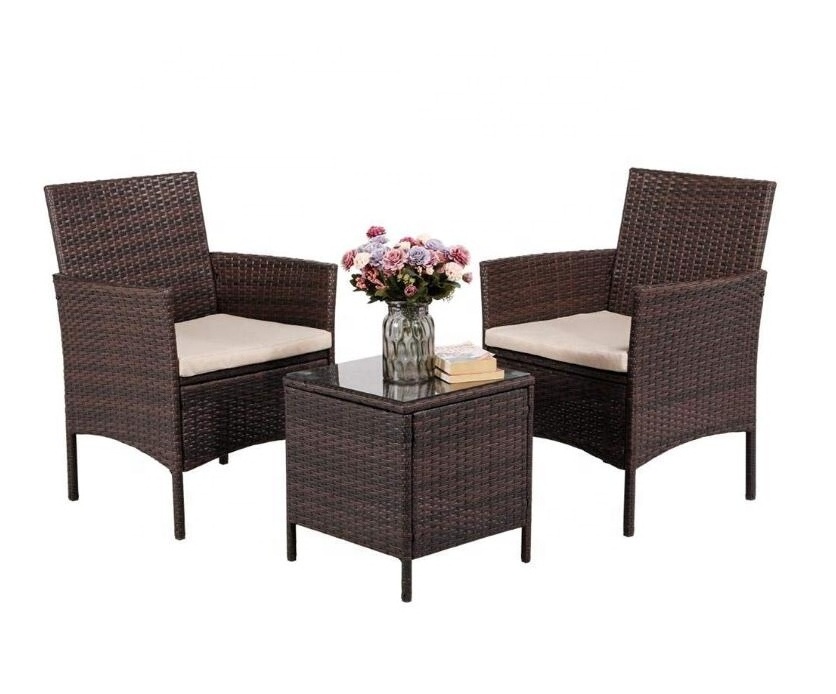 3 Pieces PE Rattan Wicker Chair Conversation Set Brown and Beige