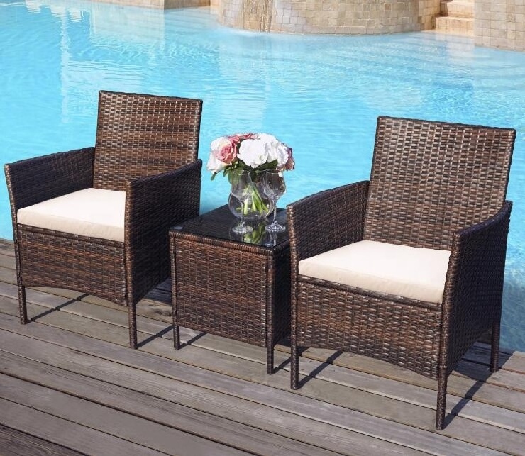 3 Pieces PE Rattan Wicker Chair Conversation Set Brown and Beige