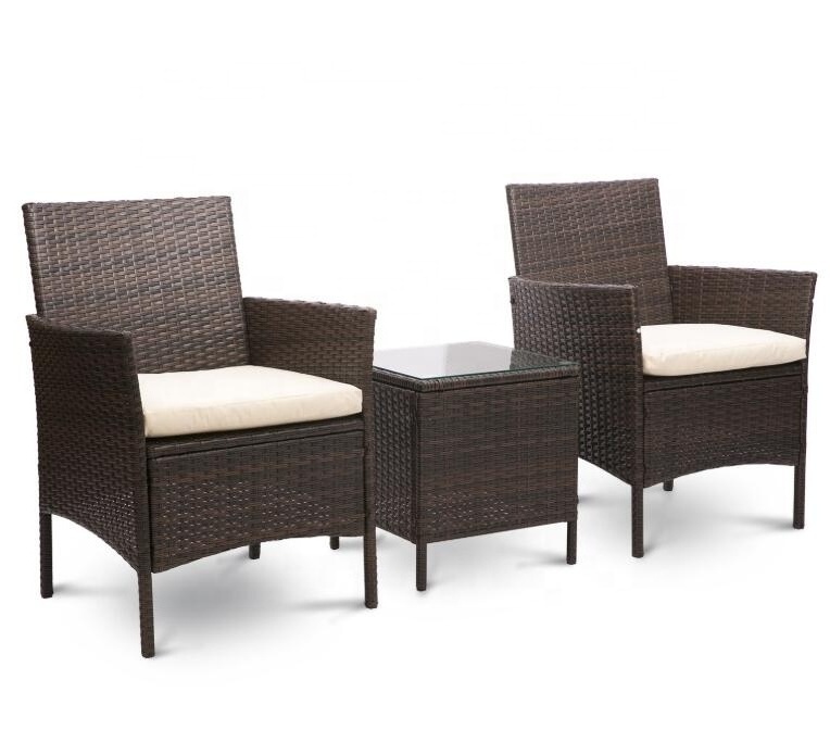 3 Pieces PE Rattan Wicker Chair Conversation Set Brown and Beige