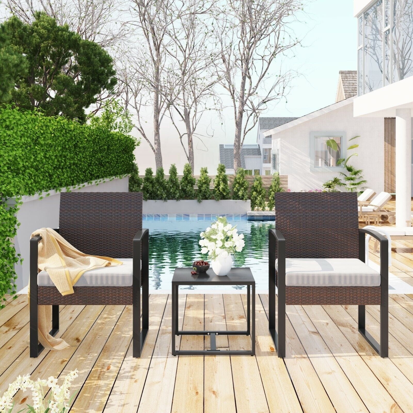 Patio Rattan Garden Sofa Furniture Set 3 piece 2 Armchairs and 1 table Outdoor