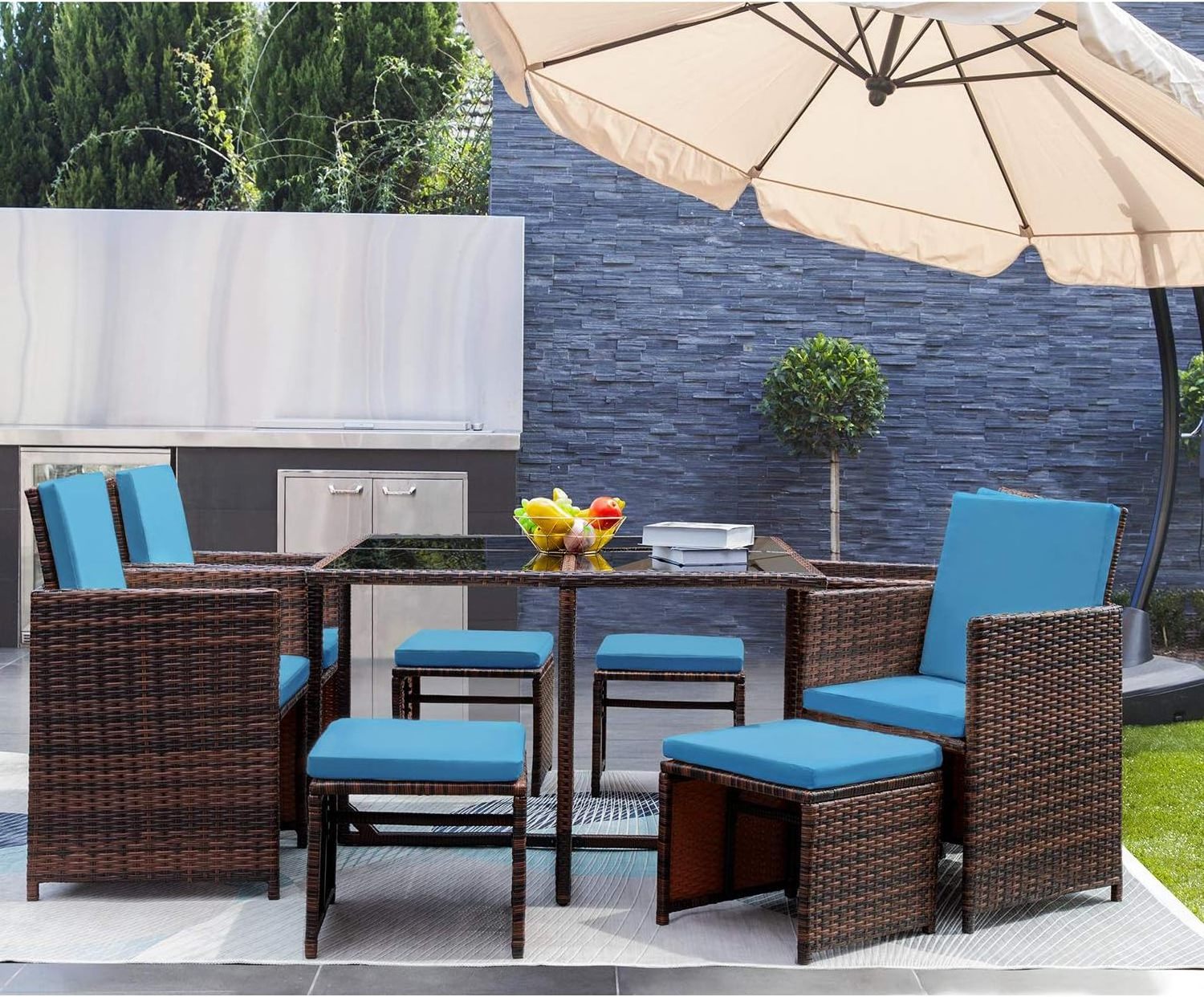 9 Piece Outdoor Furniture Patio Dining Table Set with Space Saving Rattan Chairs Cushioned Seating and Back (Blue)