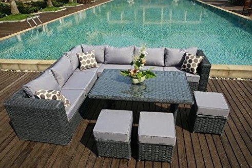 9 Seater Papaver Range Rattan Garden Furniture Corner Sofa and Dining Set - Grey