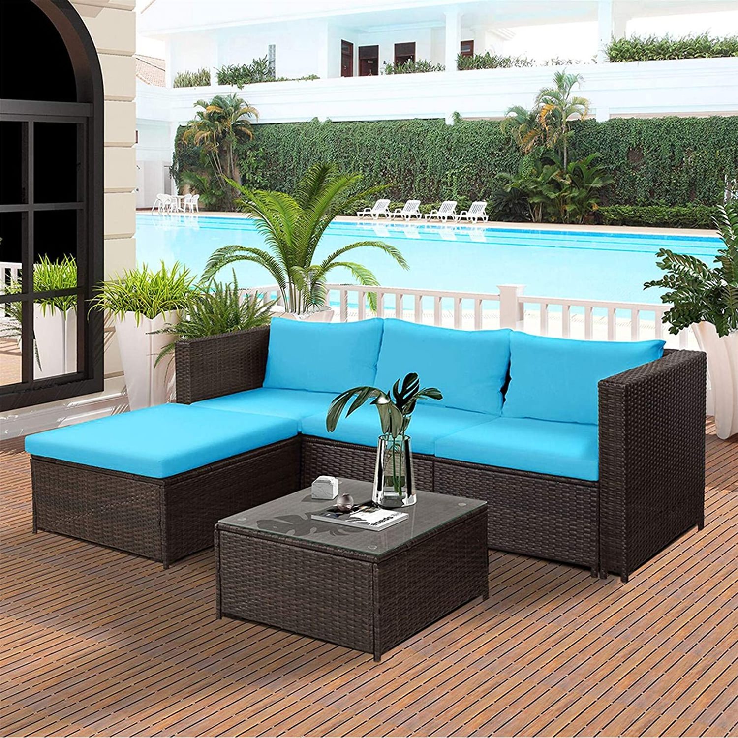 5 PCS Wicker Patio Furniture Set Rattan Outdoor Sectional Couch All Weather Patio Conversation Sofa Set with Coffee Table