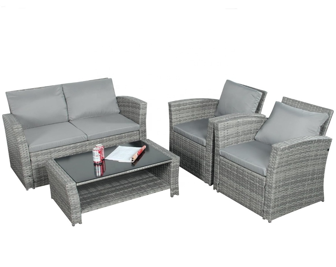 Grey Rattan Patio Outdoor Furniture 4 Seater Sofa And Coffee Table Patio Set