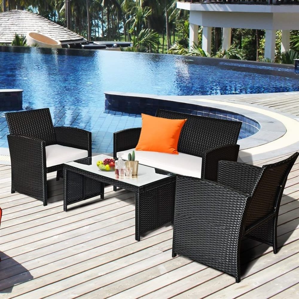 Patio Rattan Furniture Conversation Set 4 PCS Wicker Sofa Set  Garden Furniture  Loveseat with Coffee Table